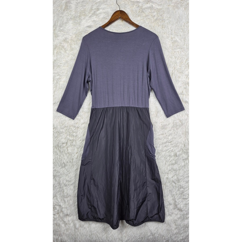 Sun Kim Mixed Media Zip V-Neck Bubble Midi Dress Purple Grey Womens Medium - Picture 2 of 7